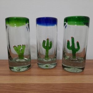 3 Mexican Hand Blown Tall Tequila Shot Glasses 3D Cactus Inside